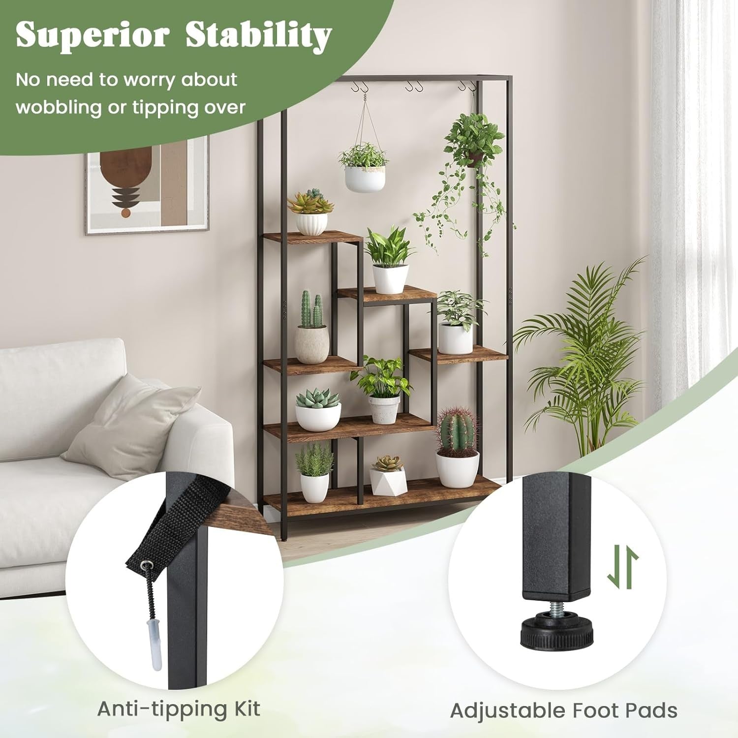 6-Tier Tall Metal Plant Stand with Hooks, Indoor Flower Shelf Display Rack 180cm
