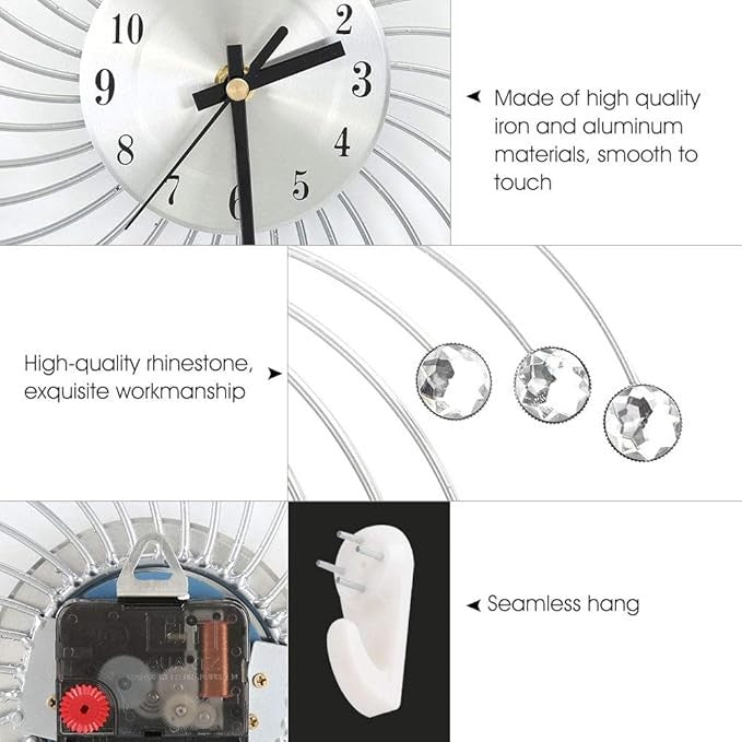 Stylish Silver 3D Crystal Wall Clock Silent Modern Diamond Design 30cm Home