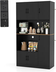 180cm Tall Kitchen Storage Cabinet 6-Door Pantry Black | Built-in Outlet