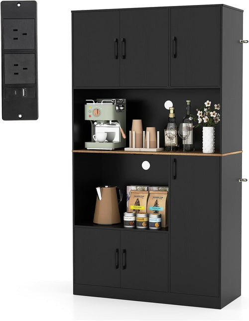 180cm Tall Kitchen Storage Cabinet 6-Door Pantry Black | Built-in Outlet