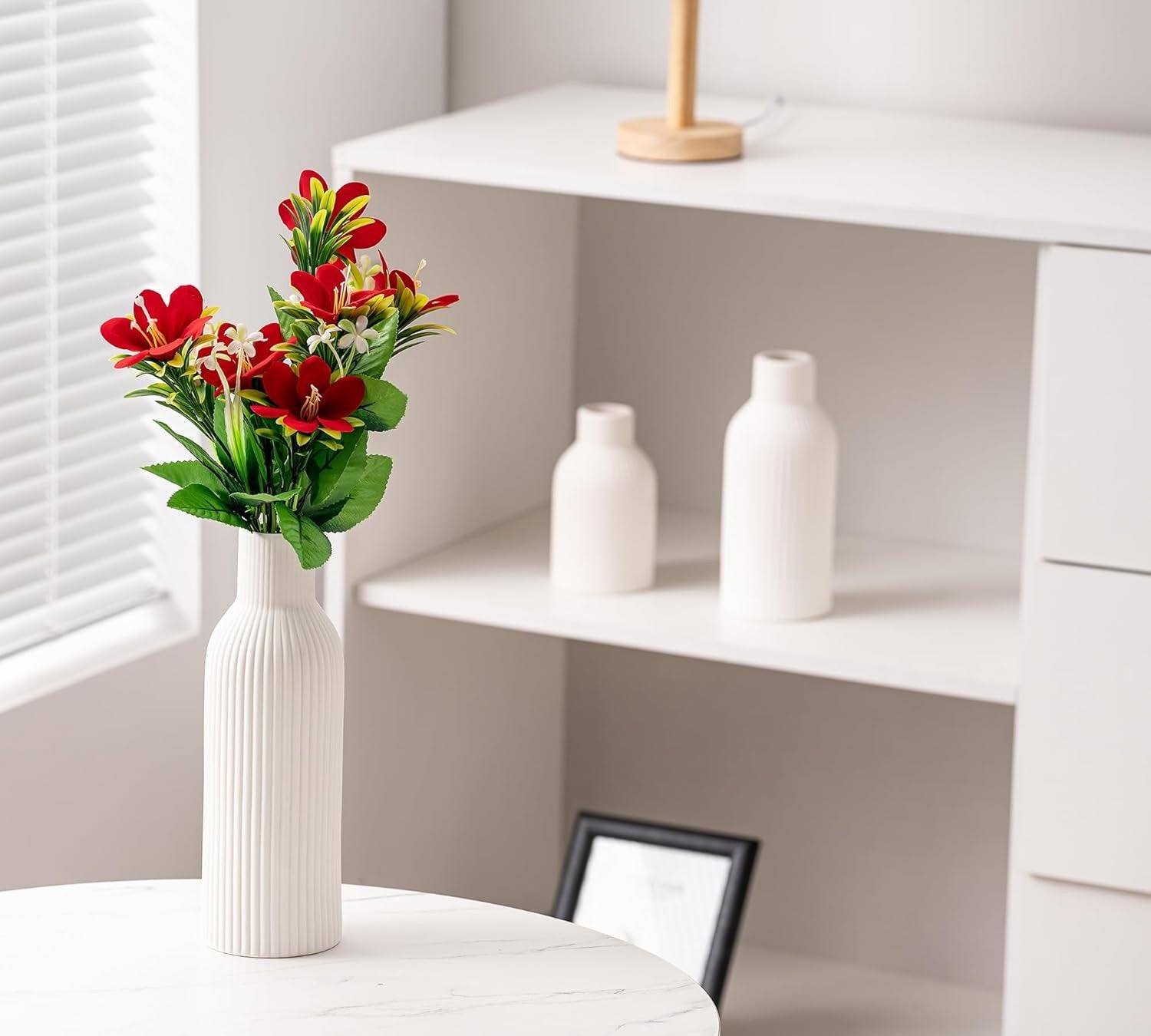 Ceramic Vase Set of 3 White Ribbed Flower Vases Modern Boho Decor
