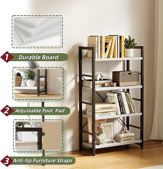White Industrial 4-Tier Bookshelf Metal Frame Display Storage Shelving Unit