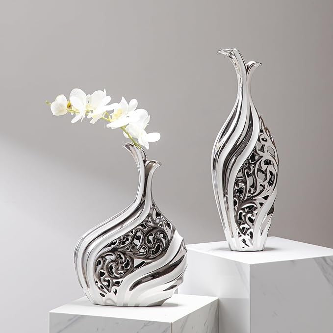 Tall Silver Ceramic Floor Vase 50cm Modern Luxury Pampas Grass Decor