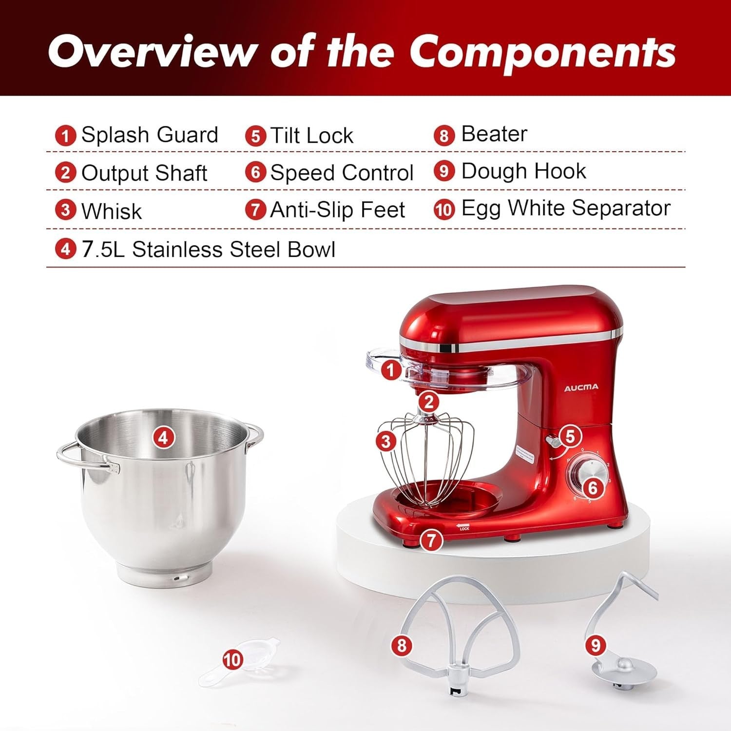 7.5L Large Capacity Stand Mixer 1400W 6 Speeds Stainless Steel Bowl & Hook