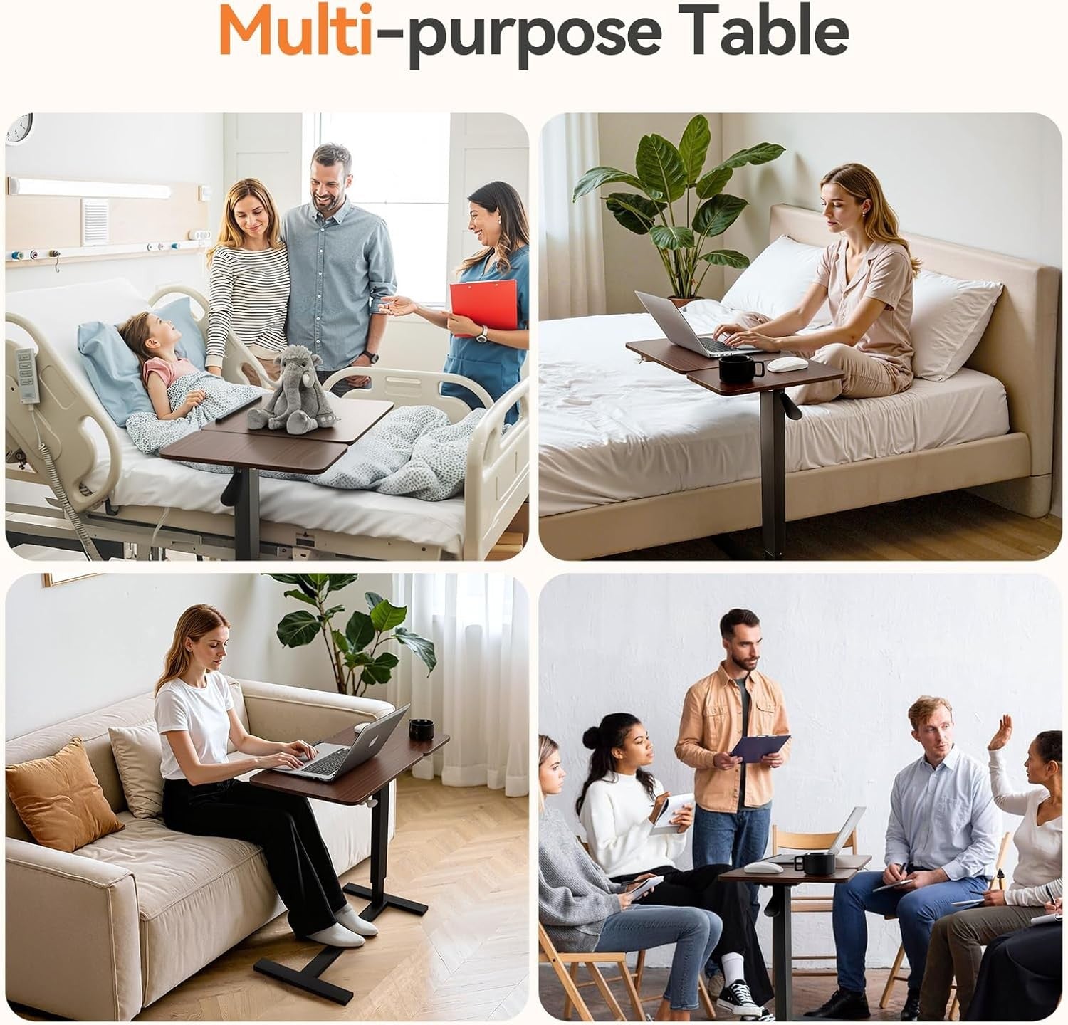 Overbed Laptop Table Height Adjustable Rolling Desk with Tilting Top 80x40cm