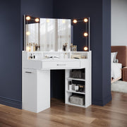Corner Makeup Vanity Desk with 3-Mirror LED Lights Dresser & Drawers White