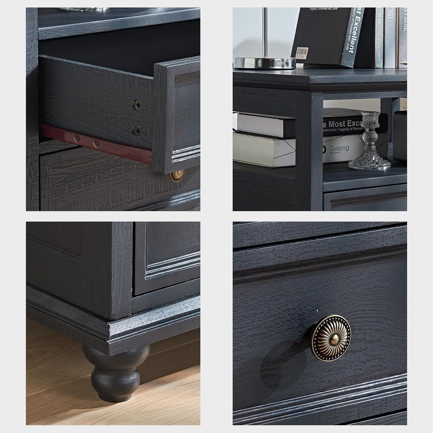 Modern Black Wooden Bedside Table with Drawers & Open Shelf