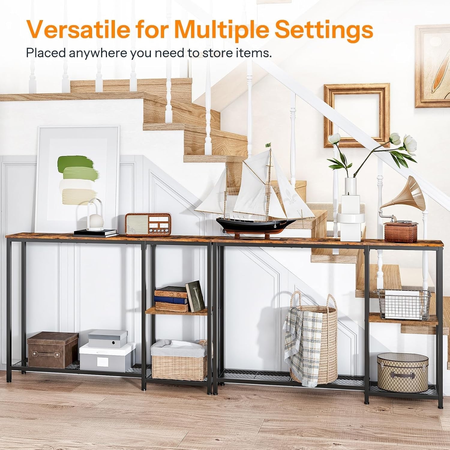 Slim Console Table with Shelves | 114cm Rustic Hallway Storage Unit