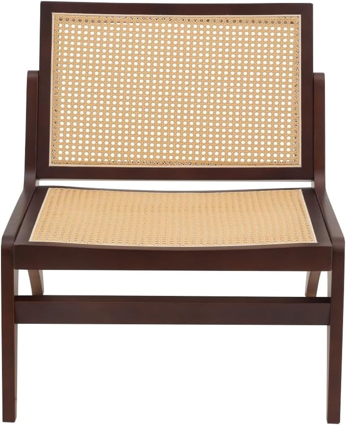 Walnut Rattan Accent Lounge Chair Wooden Frame Mid Century Armchair