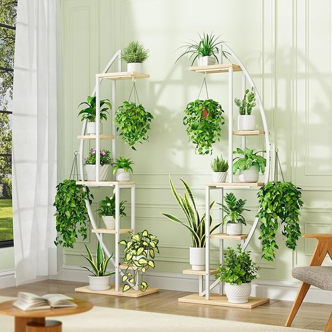 6 Tier Half Moon Metal Plant Stand with Grow Lights Indoor Outdoor Shelf White