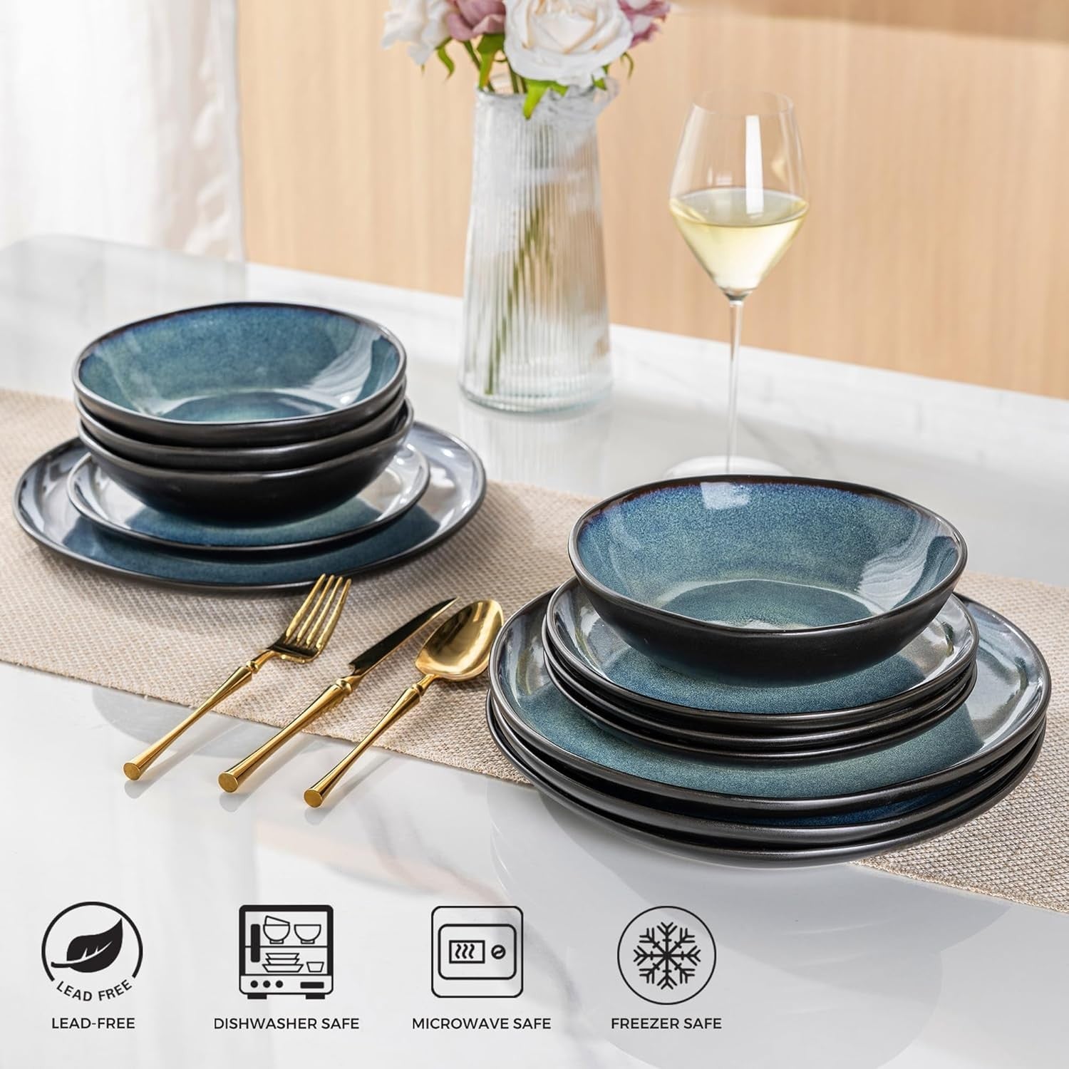 12pc Stoneware Dinnerware Set Reactive Blue Plates Bowls Dishwasher Safe