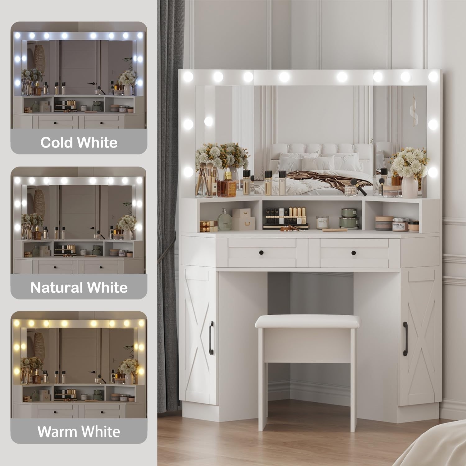 Corner Dressing Table White Makeup Vanity Desk LED Lights 3 Mirror Storage