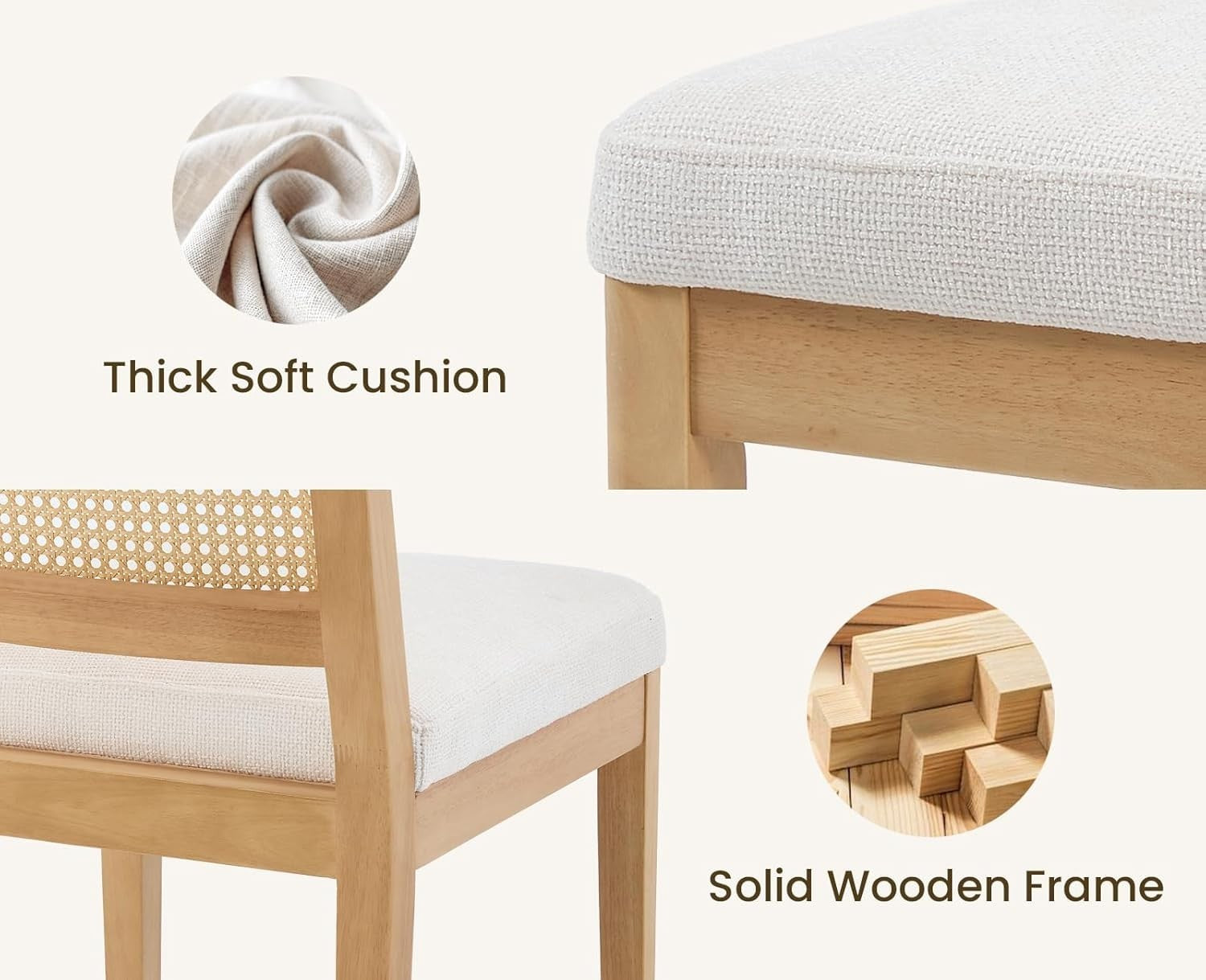White Rattan Bar Stools Set of 2 Chenille Cushioned Counter Chairs Wood