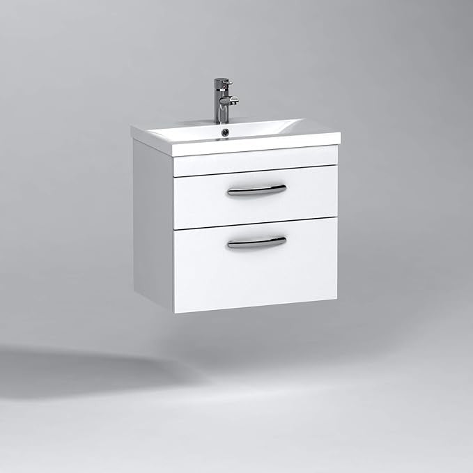 500mm Wall Hung White Gloss Vanity Unit – 2 Drawer Sink Cabinet with Basin