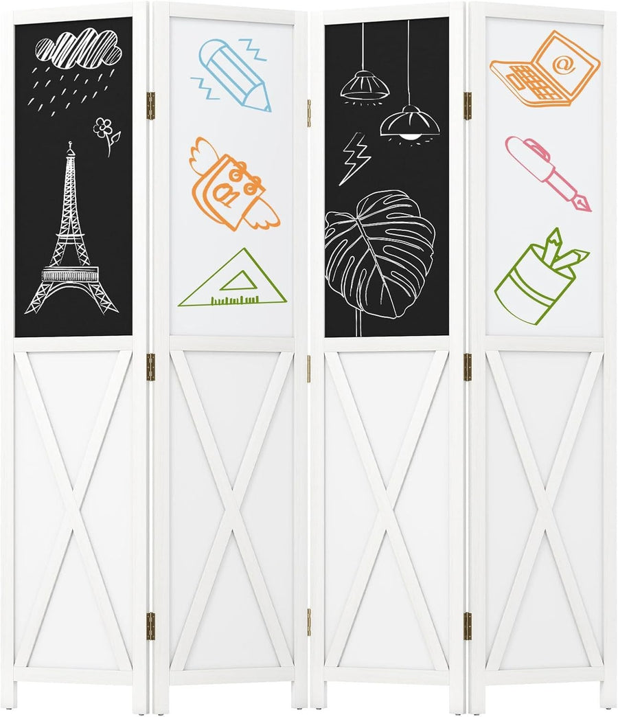 4 Panel White Folding Room Divider with Blackboard & Whiteboard 160x170cm