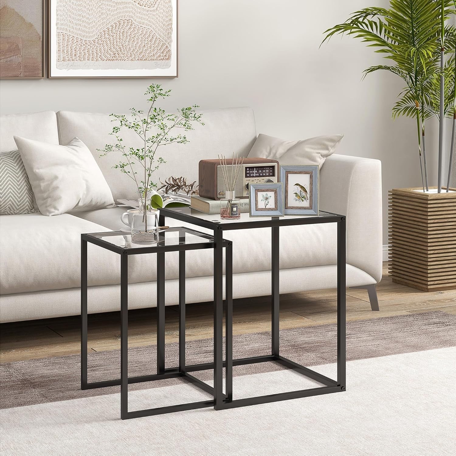 Black Nesting Coffee Table Set of 2 Square Tempered Glass Side End Tables