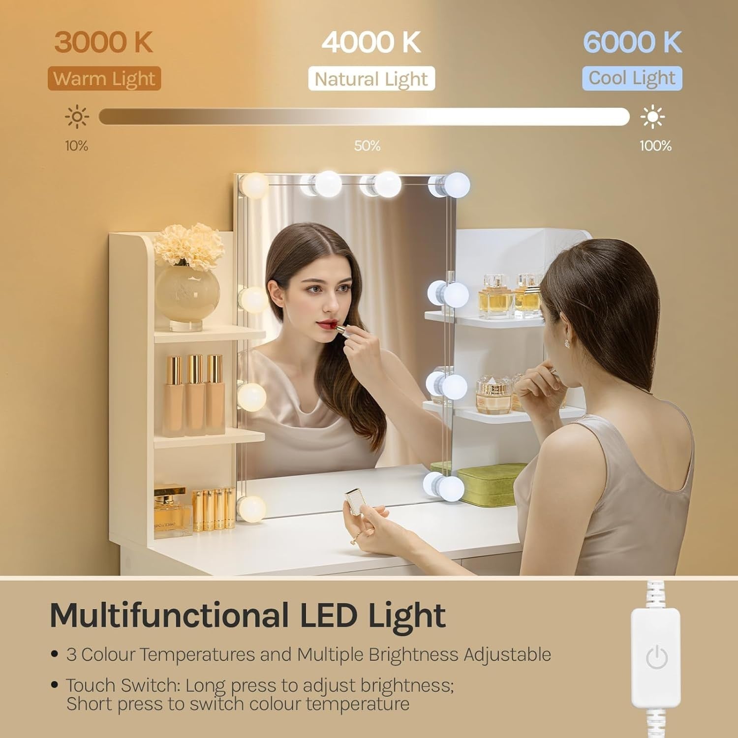 Smart Vanity Dressing Table Set Wireless Charging Bluetooth Speaker LED Mirror