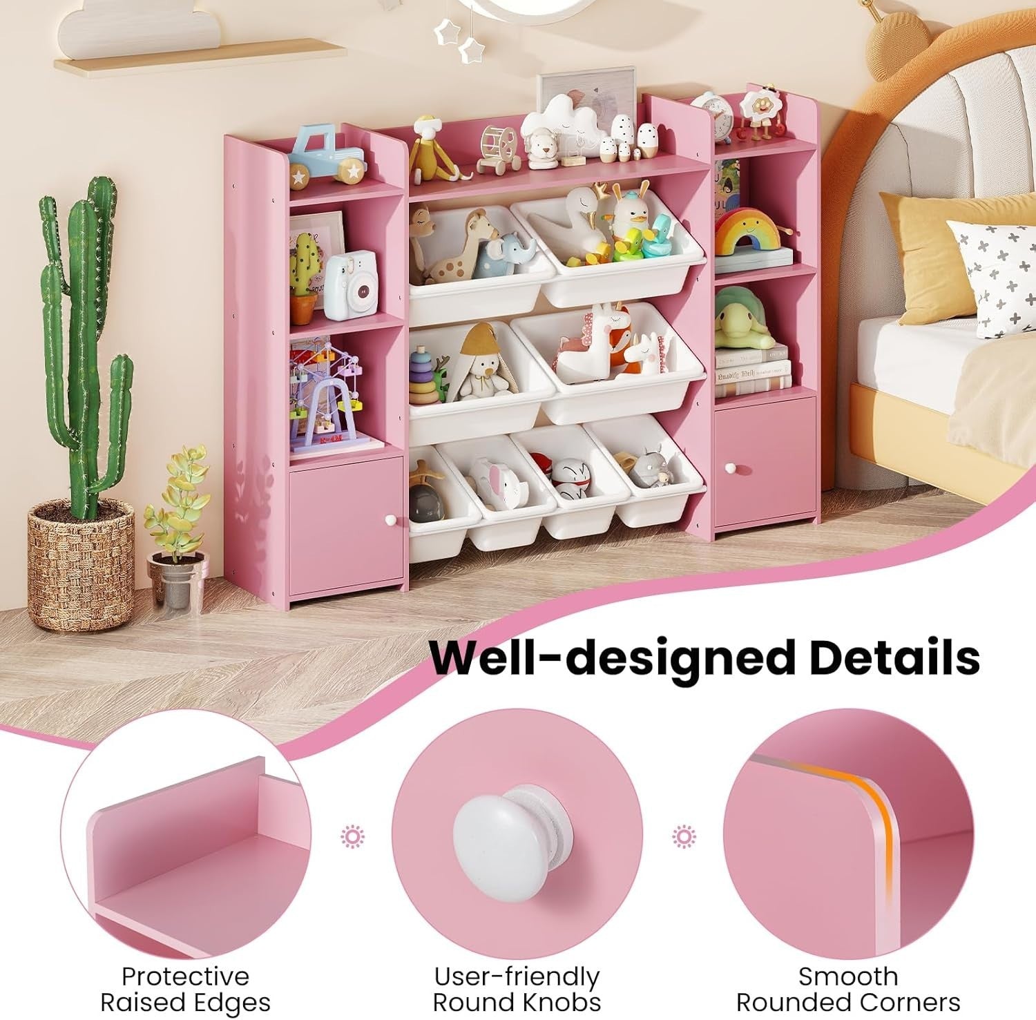 Pink Toy Storage Shelf – Kids 4-Tier Unit with Bins & Cabinets 142cm
