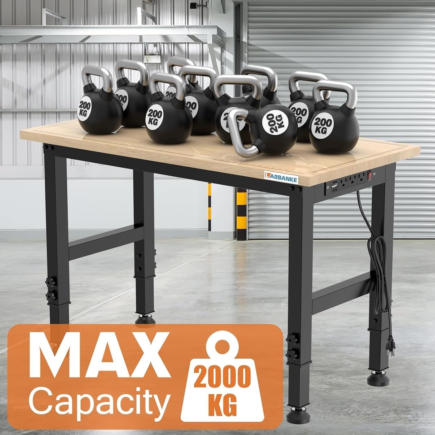 120cm Adjustable Workbench 900kg Heavy Duty Rubberwood Table with Power Panel
