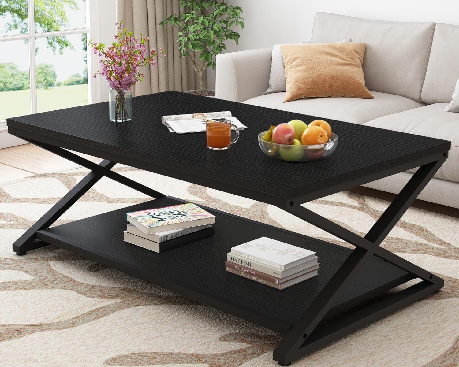 Industrial Black Coffee Table with Storage Shelf – Modern 47" Metal Wood Design