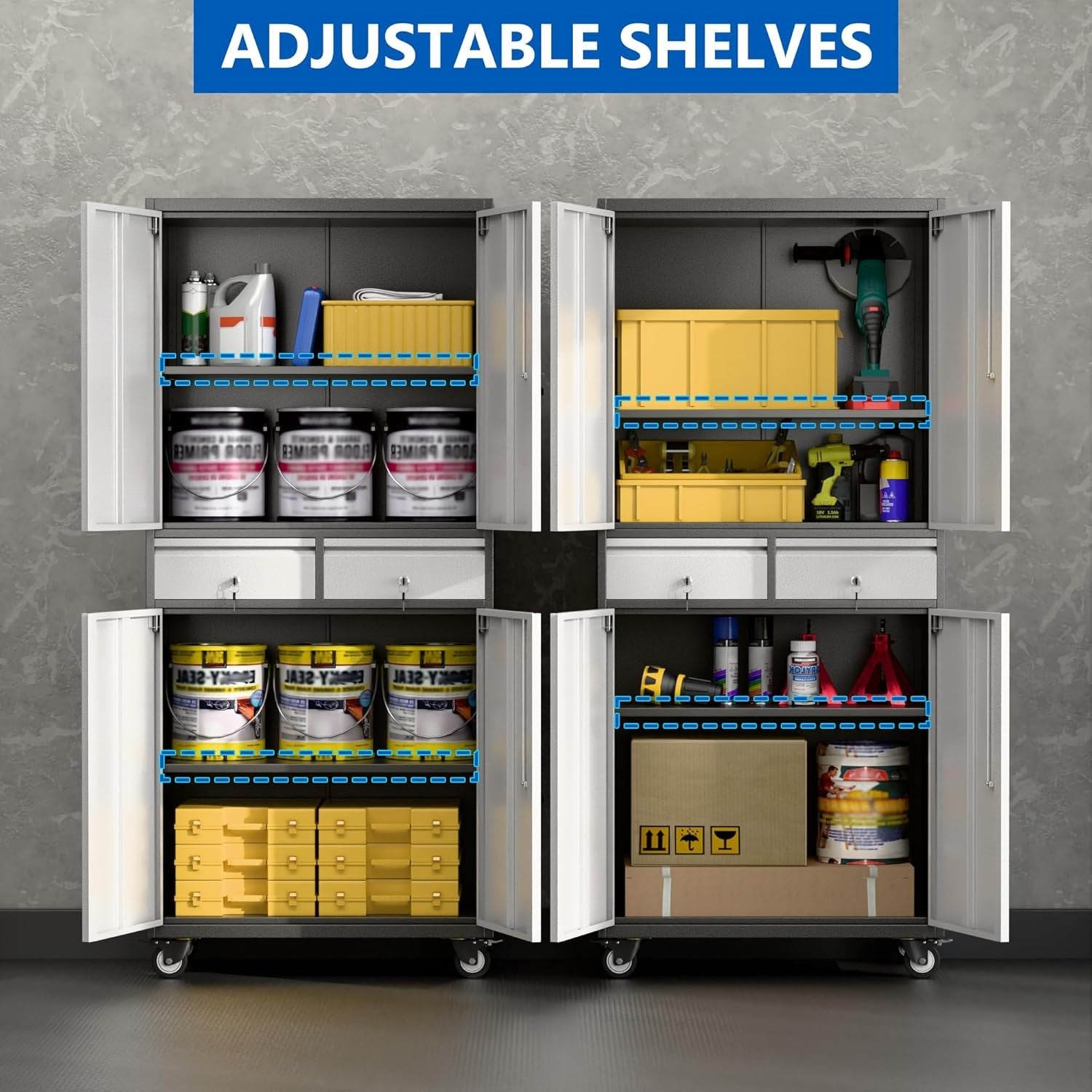 Tall Metal Storage Cabinet 2 Drawers Lockable Doors Shelves Garage Organizer