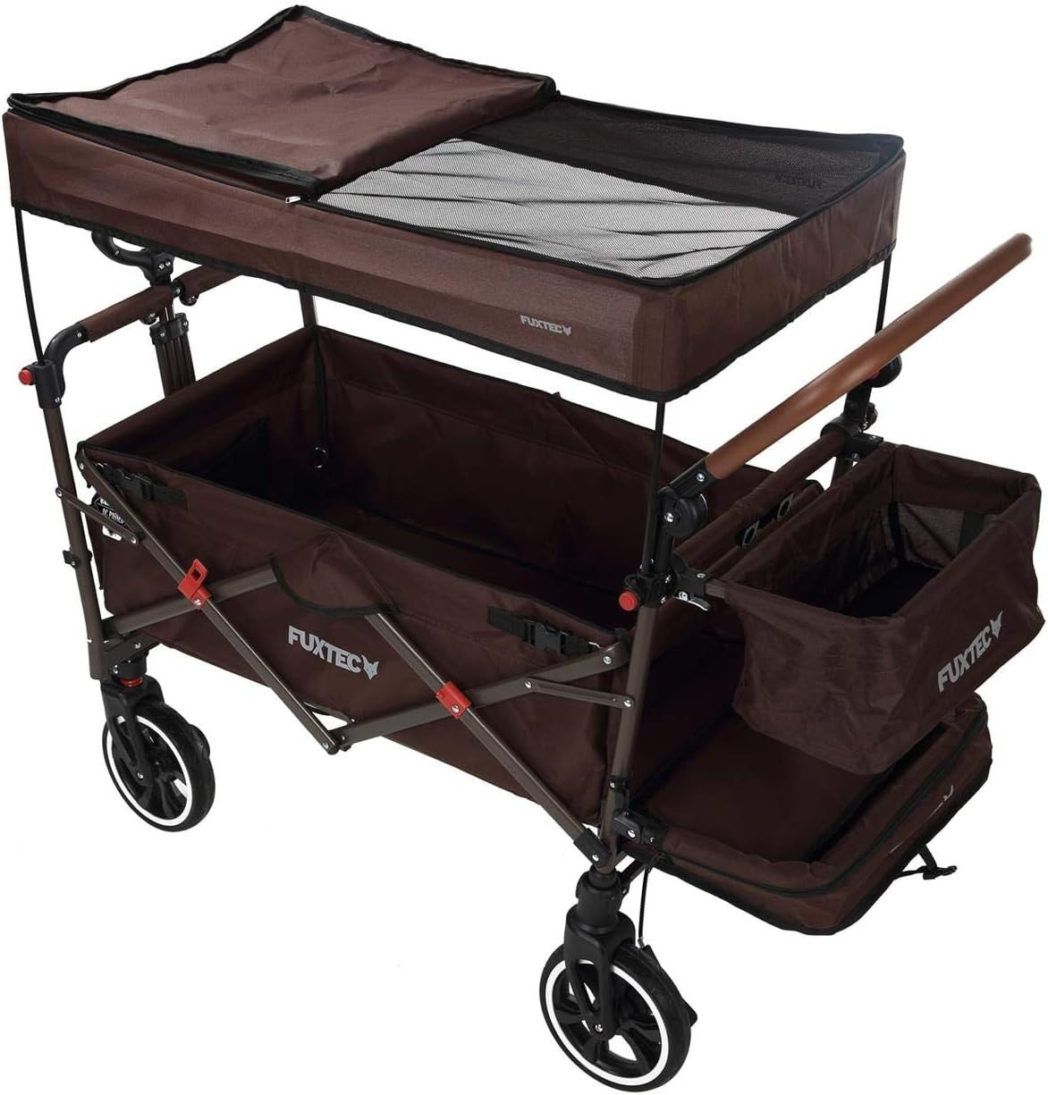 Brown Folding Stroller Wagon Kids Push Pull Cart w/ Canopy & Safety Harness