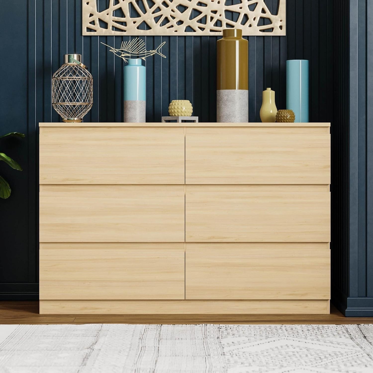 Modern 6 Drawer Chest Pine Wood Storage Unit for Bedroom Living Room