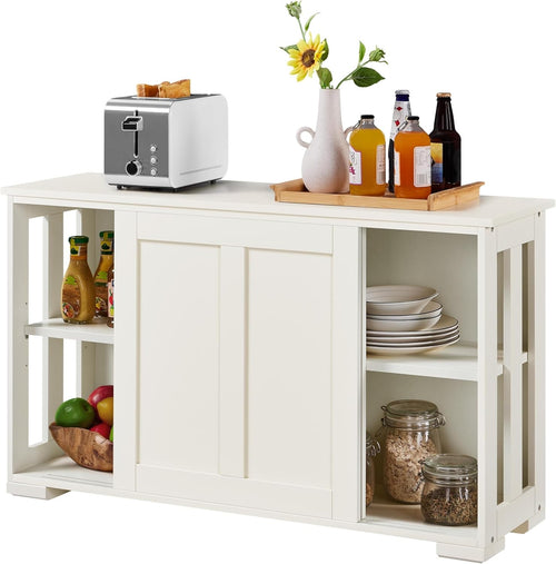 White Sideboard Buffet Cabinet | Sliding Door Storage Unit with Adjustable Shelf