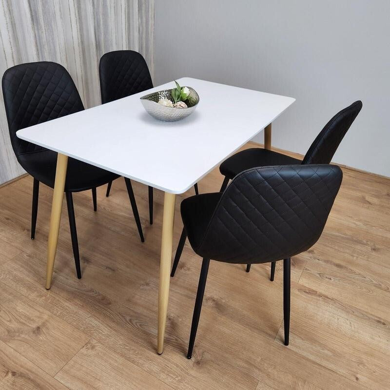 White Dining Table Set with 4 Black Faux Leather Chairs, Modern Kitchen