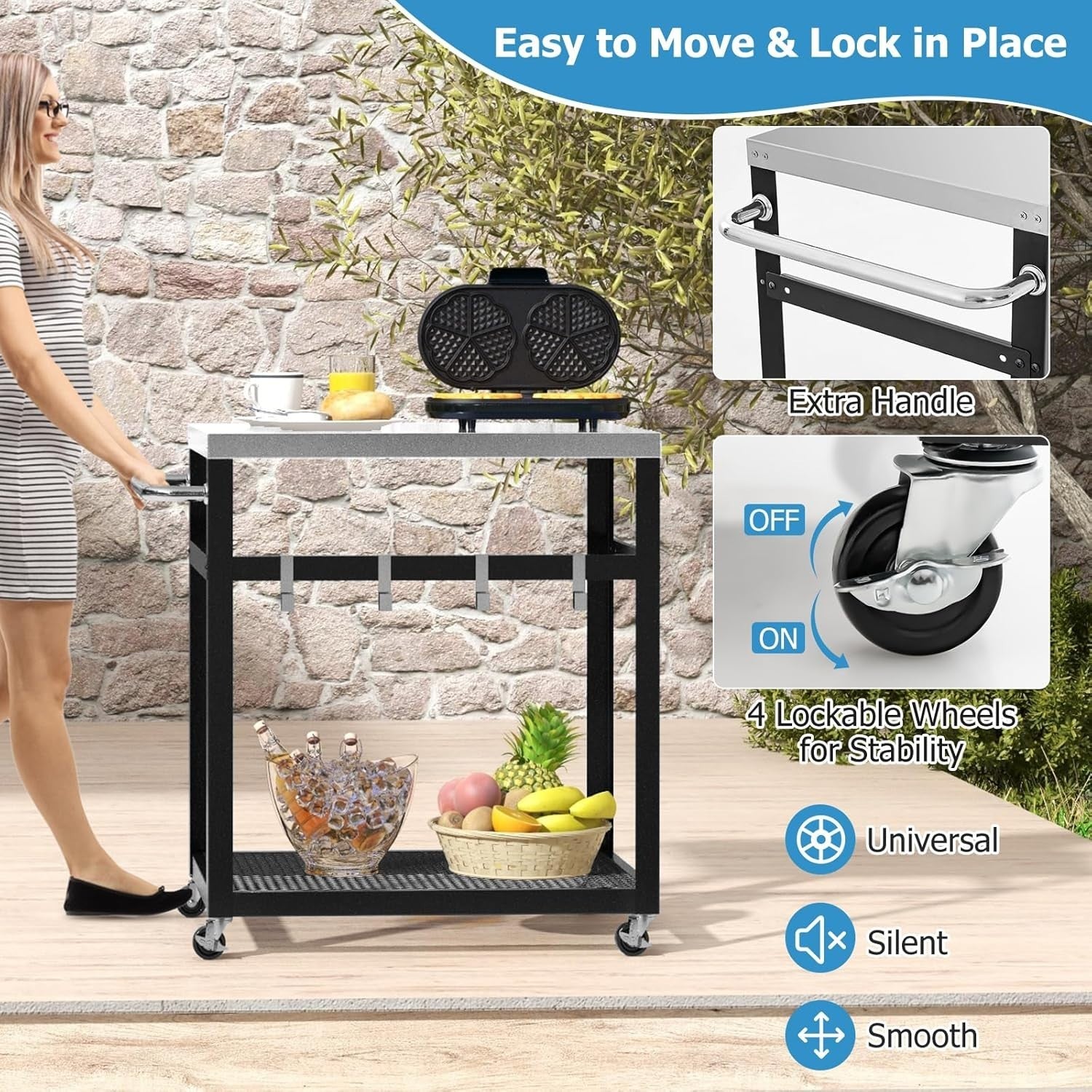 Outdoor BBQ Grill Cart Pizza Oven Stand 2-Tier Stainless Steel Top Trolley 84x50