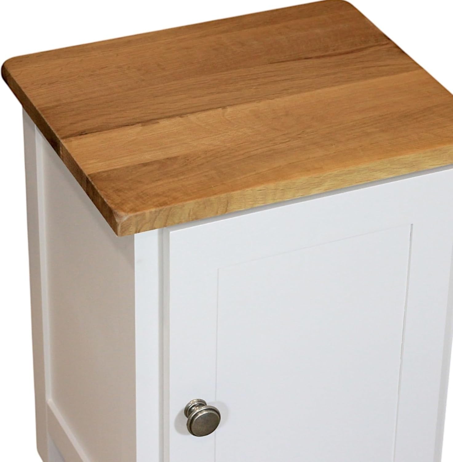 Solid Wood Bedside Table with Oak Top – 1 Door White Cabinet, Ready Assembled
