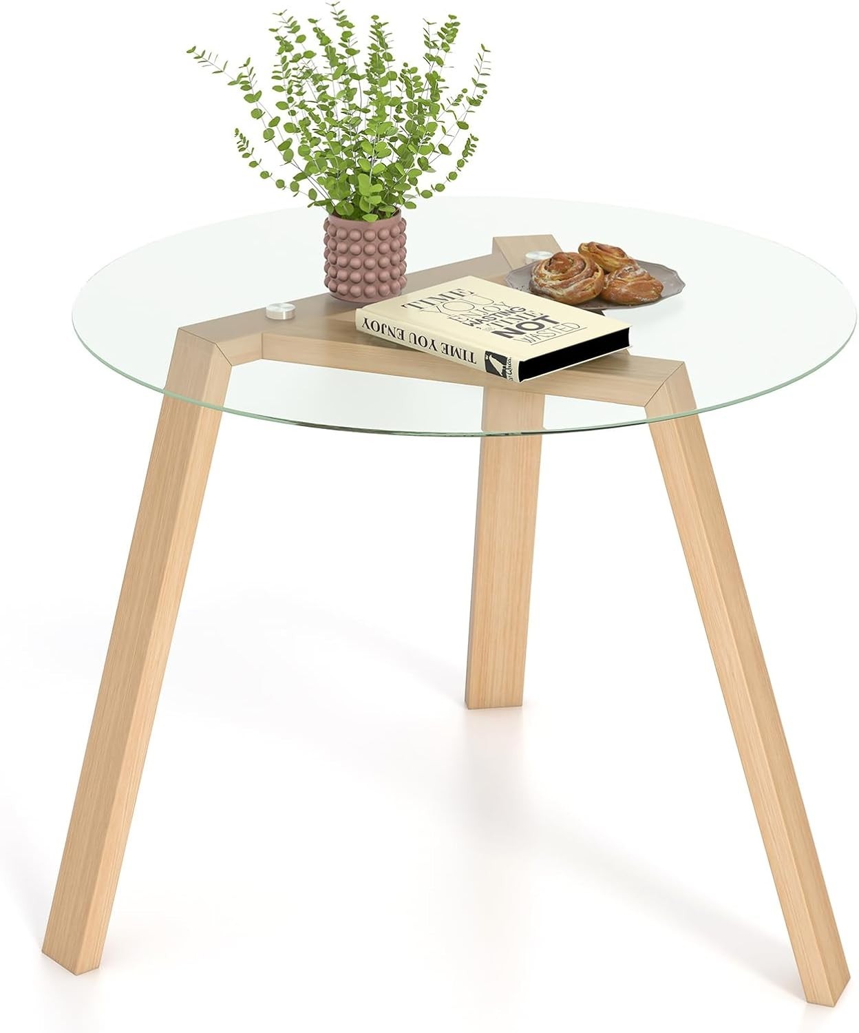 Round 90cm Tempered Glass Dining Table with Rubber Wood Frame