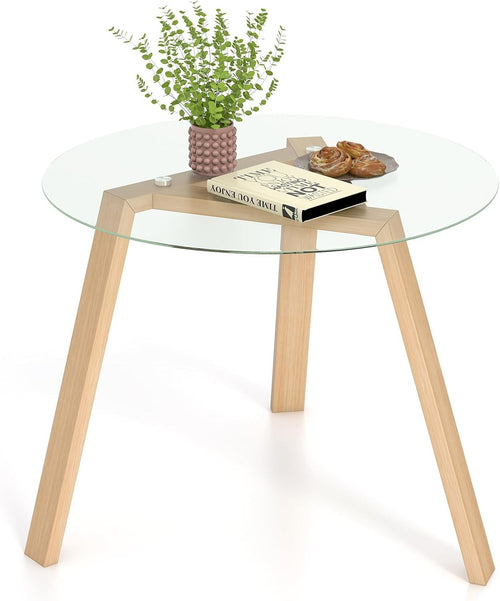 Round 90cm Tempered Glass Dining Table with Rubber Wood Frame