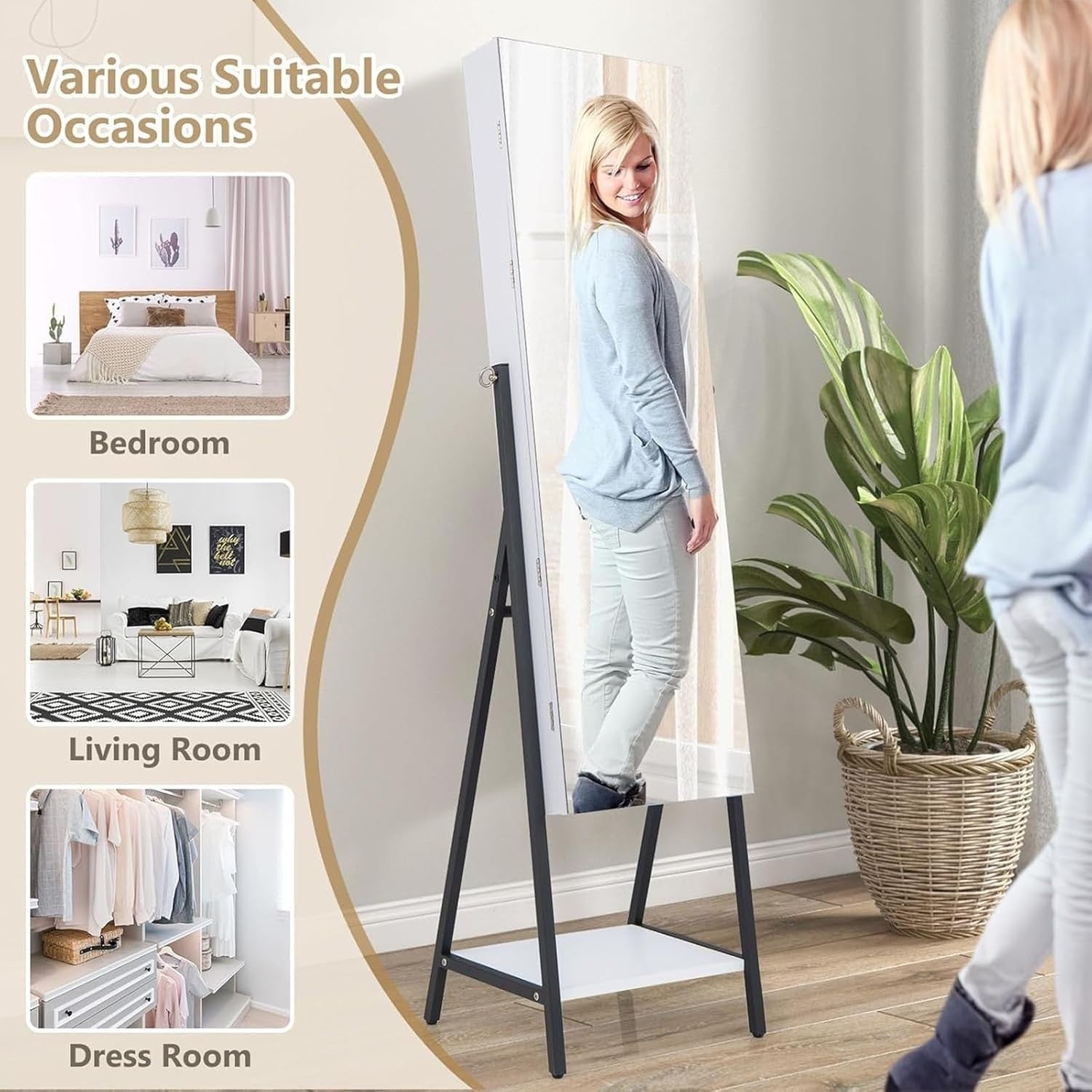 2 in 1 Standing Mirror Jewelry Armoire LED Light Lockable Storage Cabinet