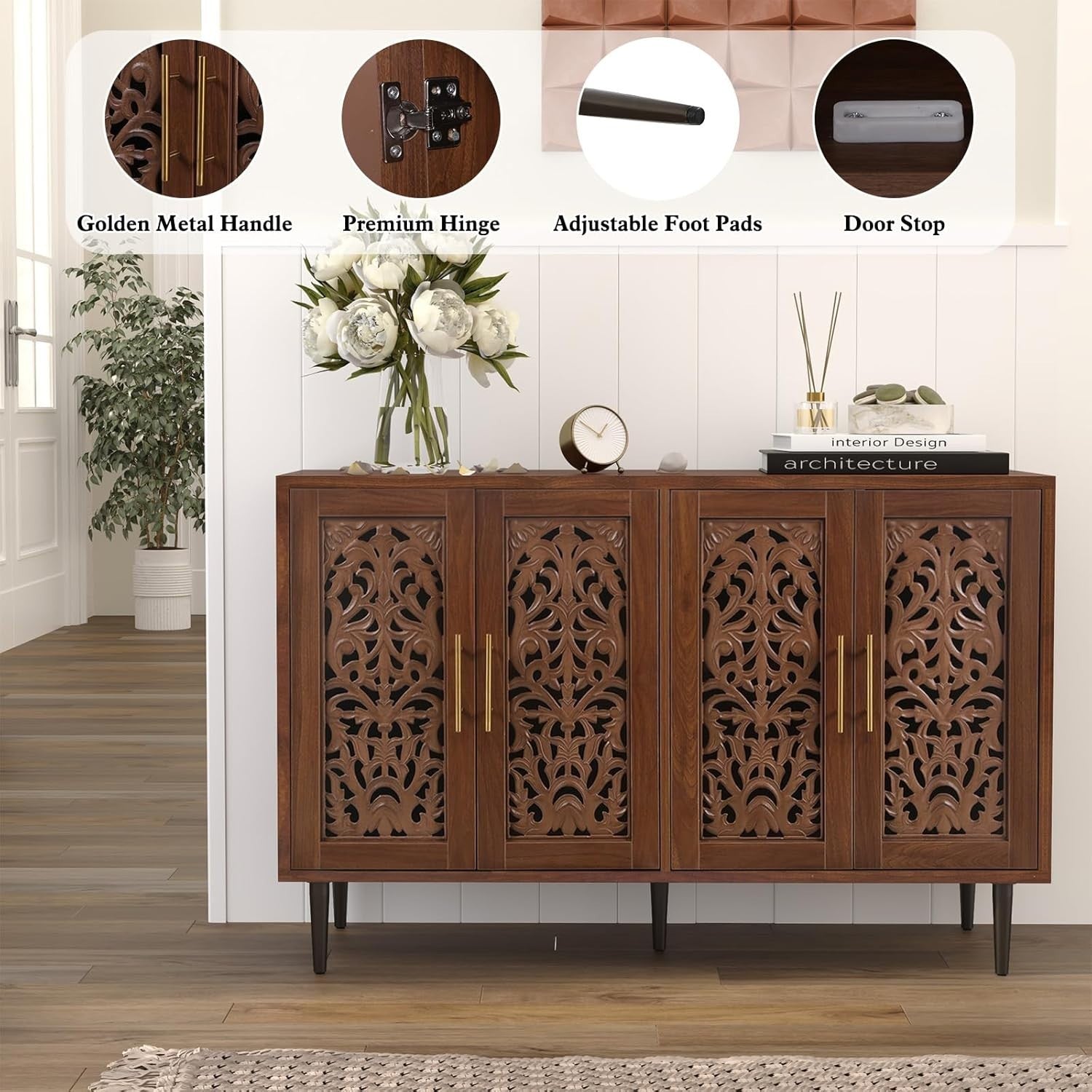 Vintage Brown Sideboard Cabinet 4 Doors Hollow Carved Storage Buffet