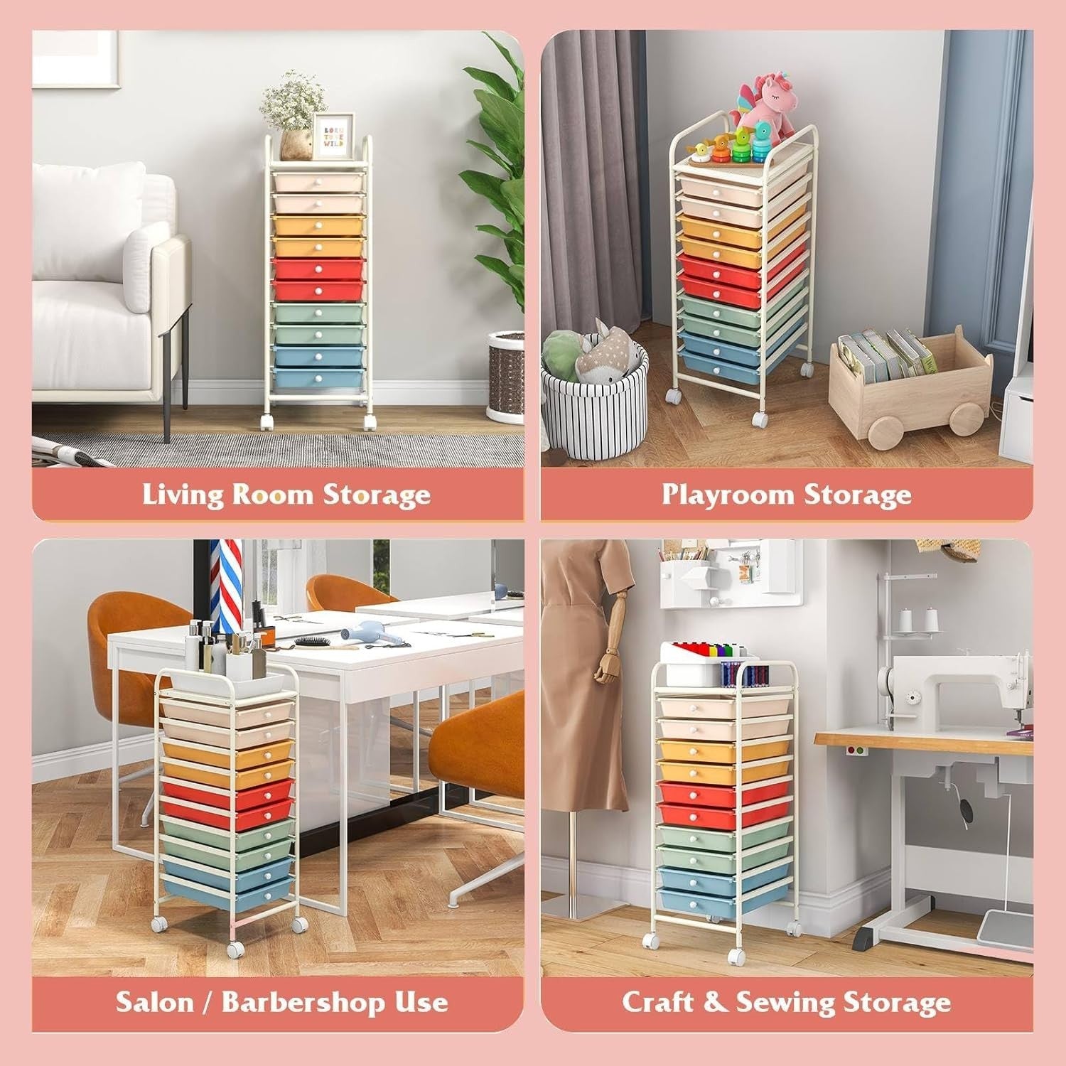 Colorful 10 Drawer Rolling Storage Trolley Utility Organizer Cart Wheels