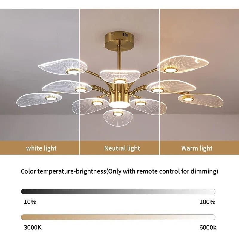 Gold LED Chandelier 10-Light Dimmable Pendant for Living Room