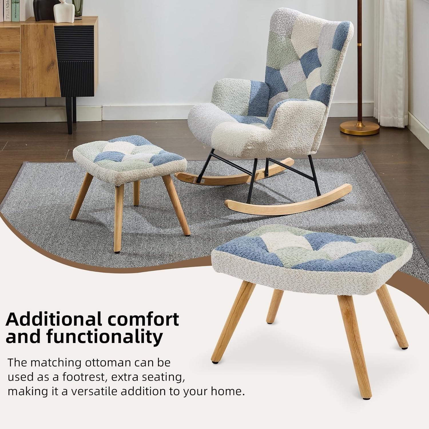 Nursery Rocking Chair w/ Footstool, High Back, Soft Foam Seat, Wood Legs
