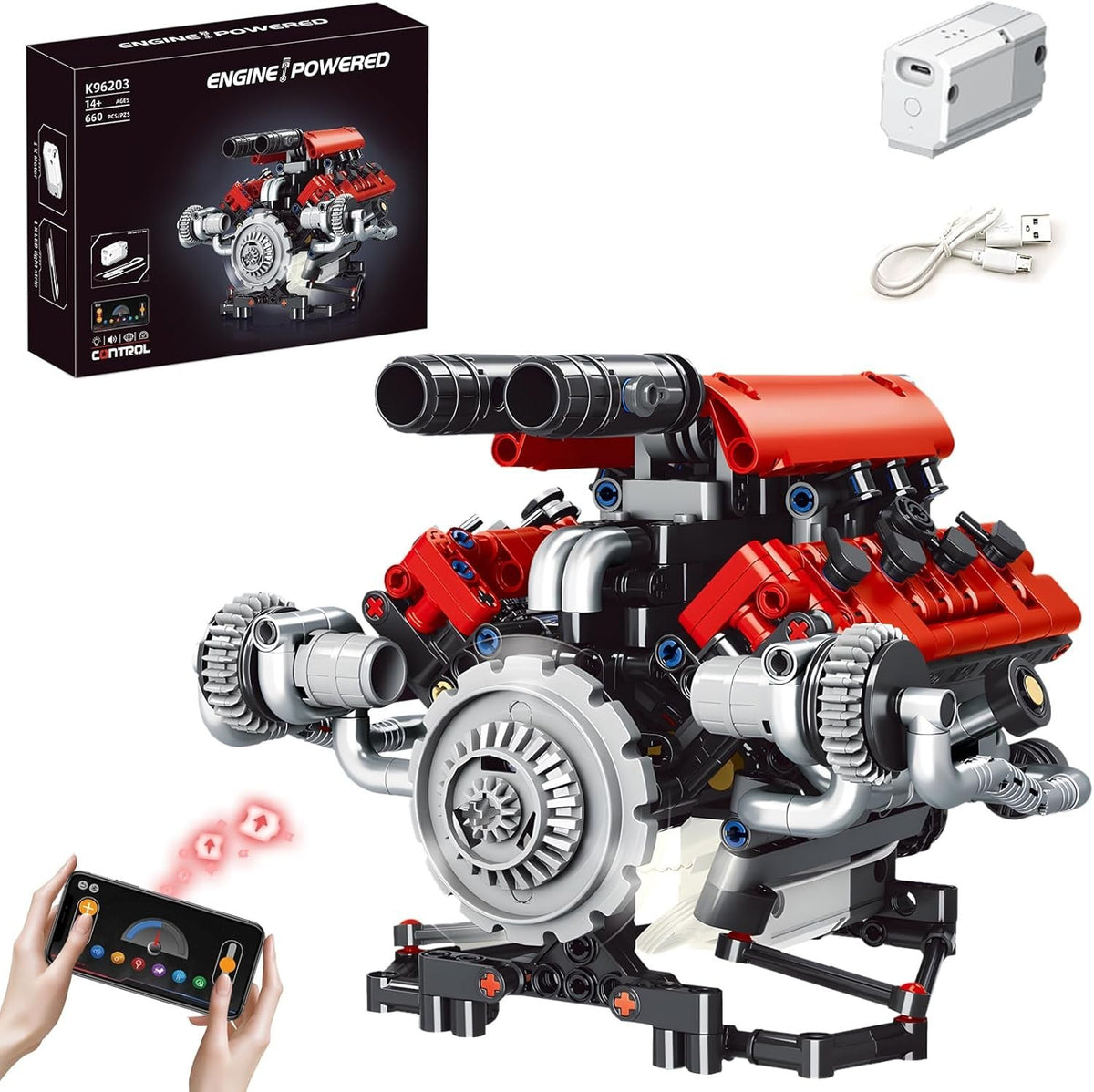 App-Controlled V8 Engine Building Kit STEM Toy for Kids & Adults, 665 Pieces