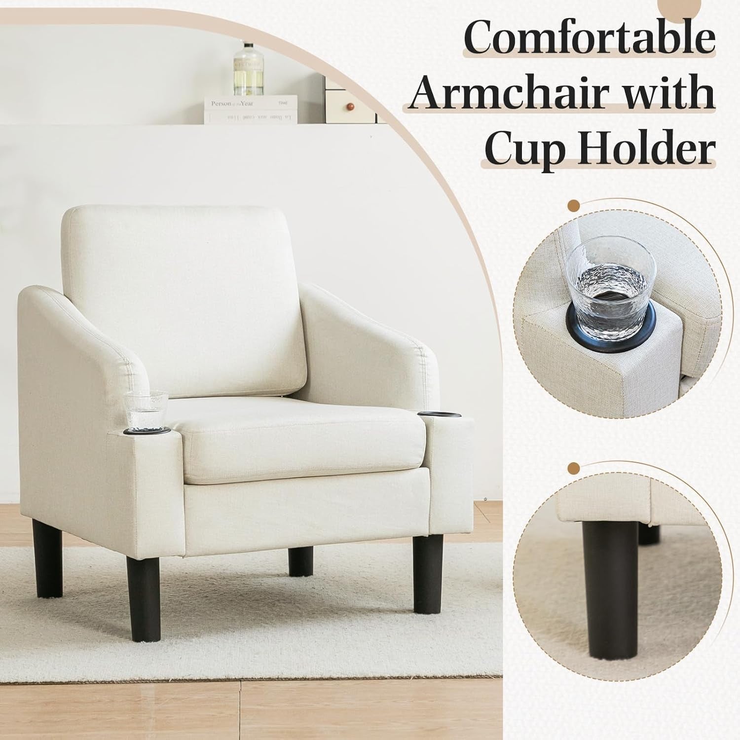 Beige Fabric Accent Armchair with Cup Holders – Comfy Living Room Seat