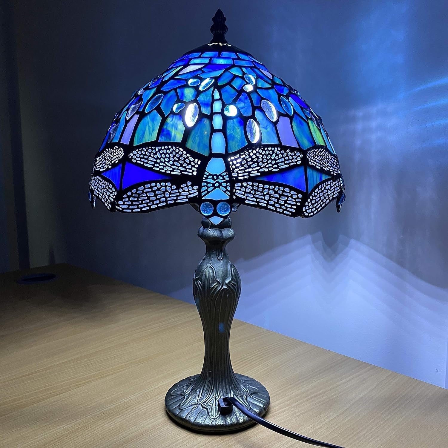 Tiffany Style Table Lamp Blue Dragonfly Stained Glass Antique 42cm E27