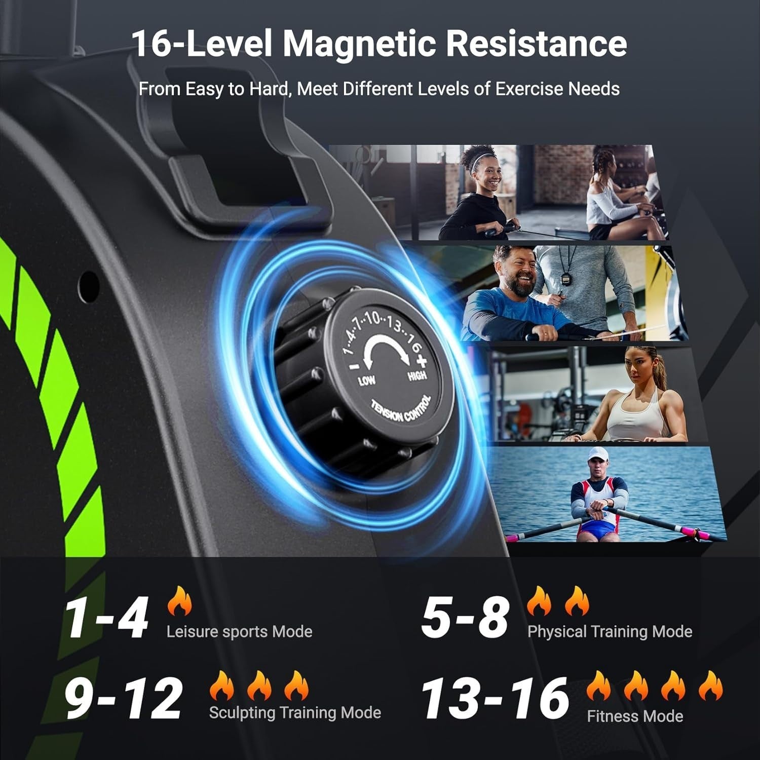 Magnetic Rowing Machine 16-Level Quiet Resistance Bluetooth LCD Dual Rail 350LB