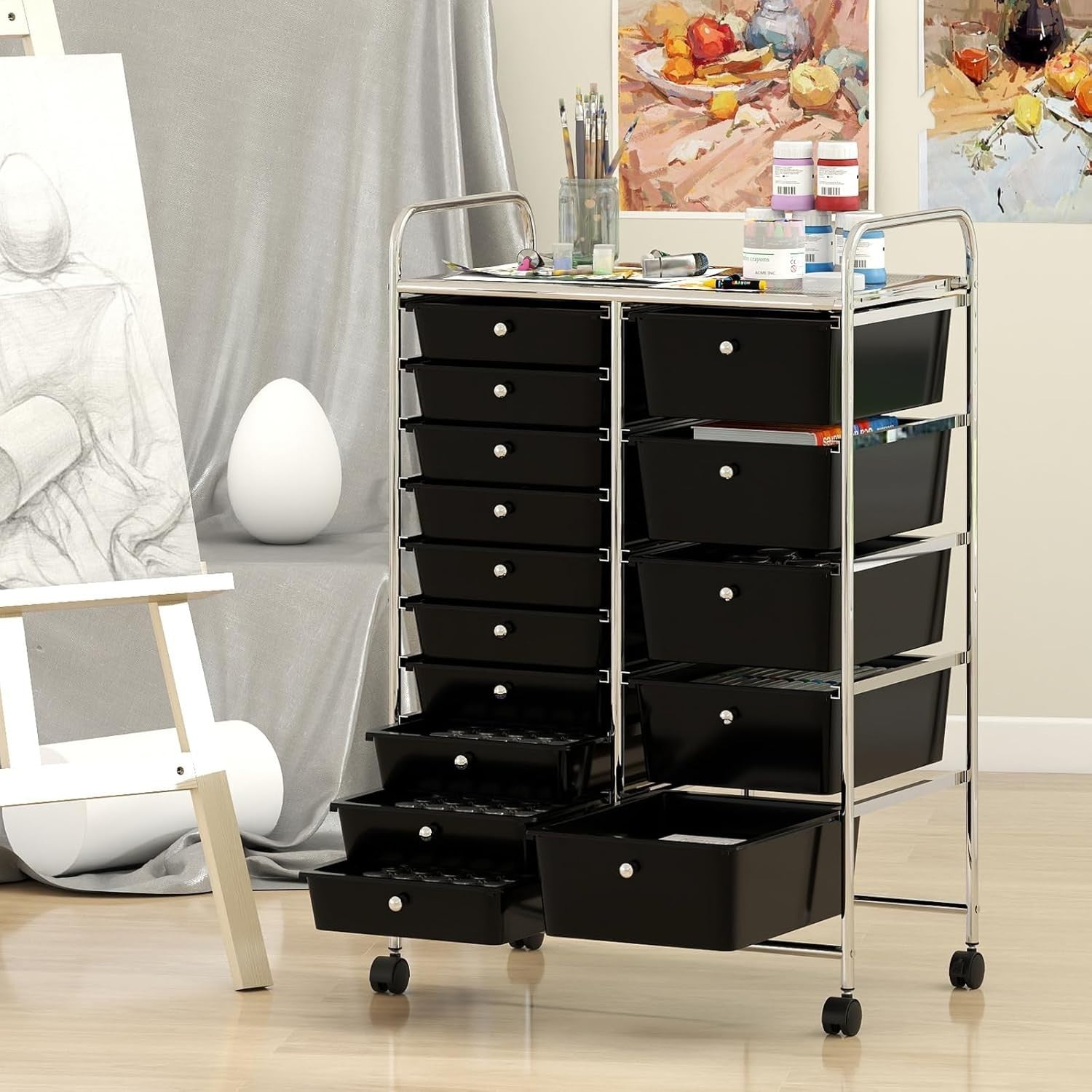 15 Drawer Mobile Storage Cart Rolling Organizer Trolley Lockable Wheels