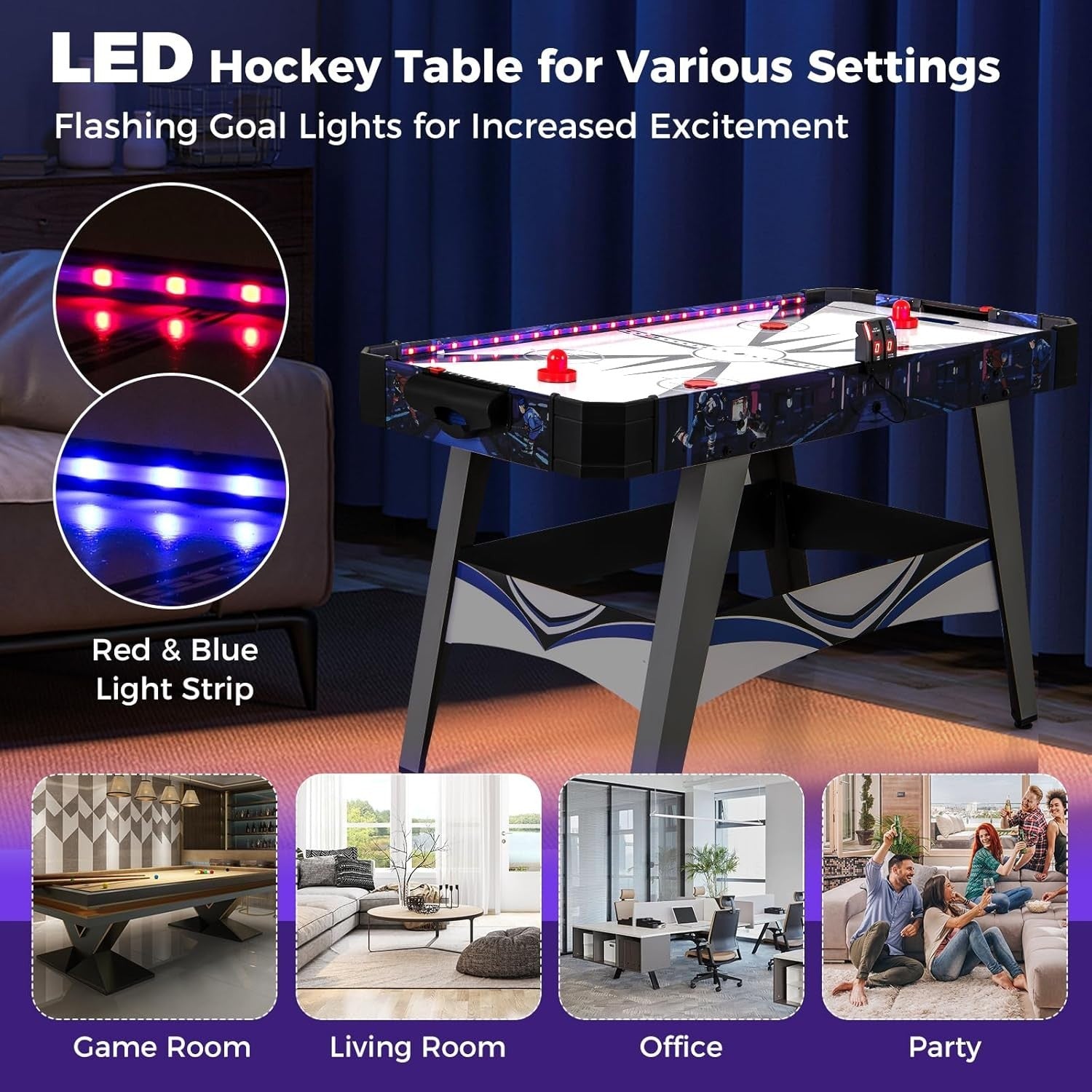 54 Inch Air Hockey Table LED Lights 12V Motor Arcade Game Indoor