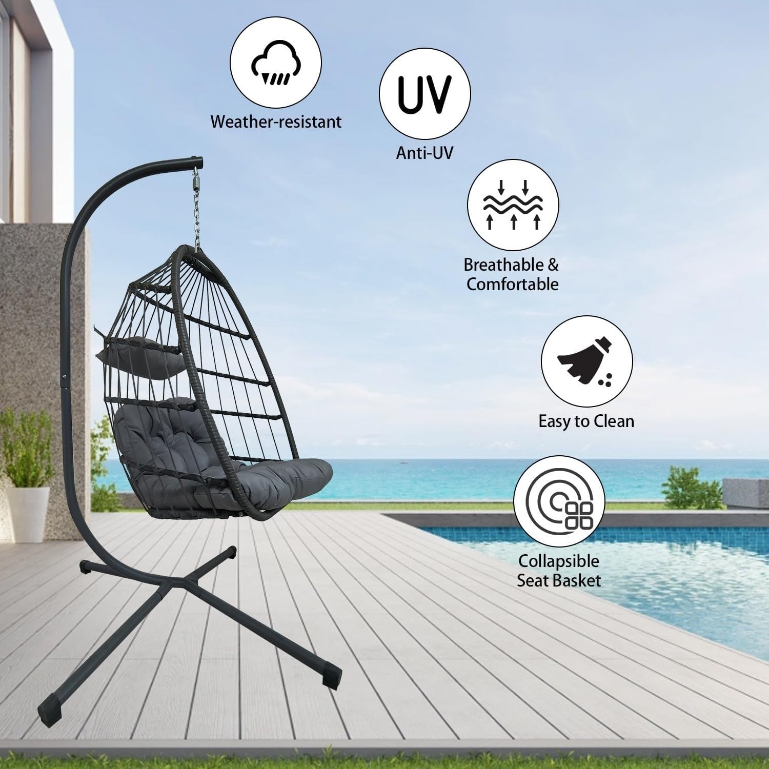 Foldable Rattan Hanging Egg Chair with Cushion for Indoor Outdoor (Light Grey)