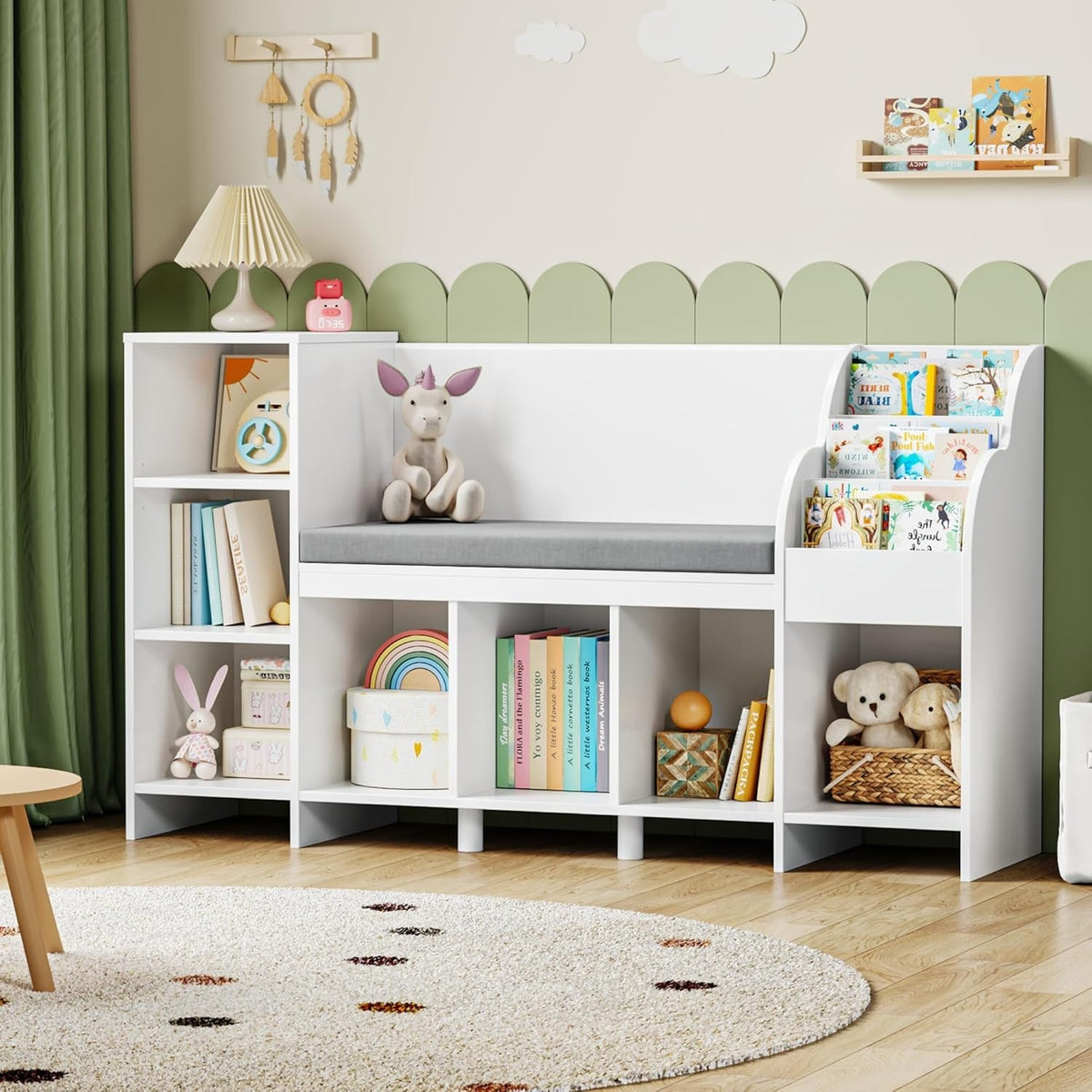 Kids Toy Storage Bookcase with Reading Bench 138.5cm, 7 Cubes, 4 Shelves