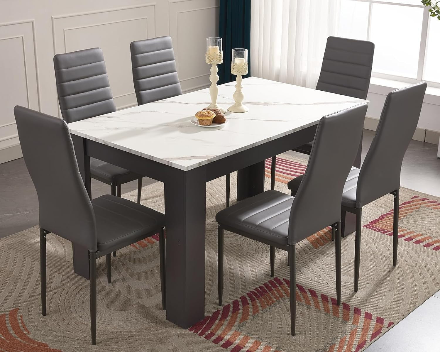 Modern White Marble Dining Table Set with 6 Grey PU Leather Chairs 140cm