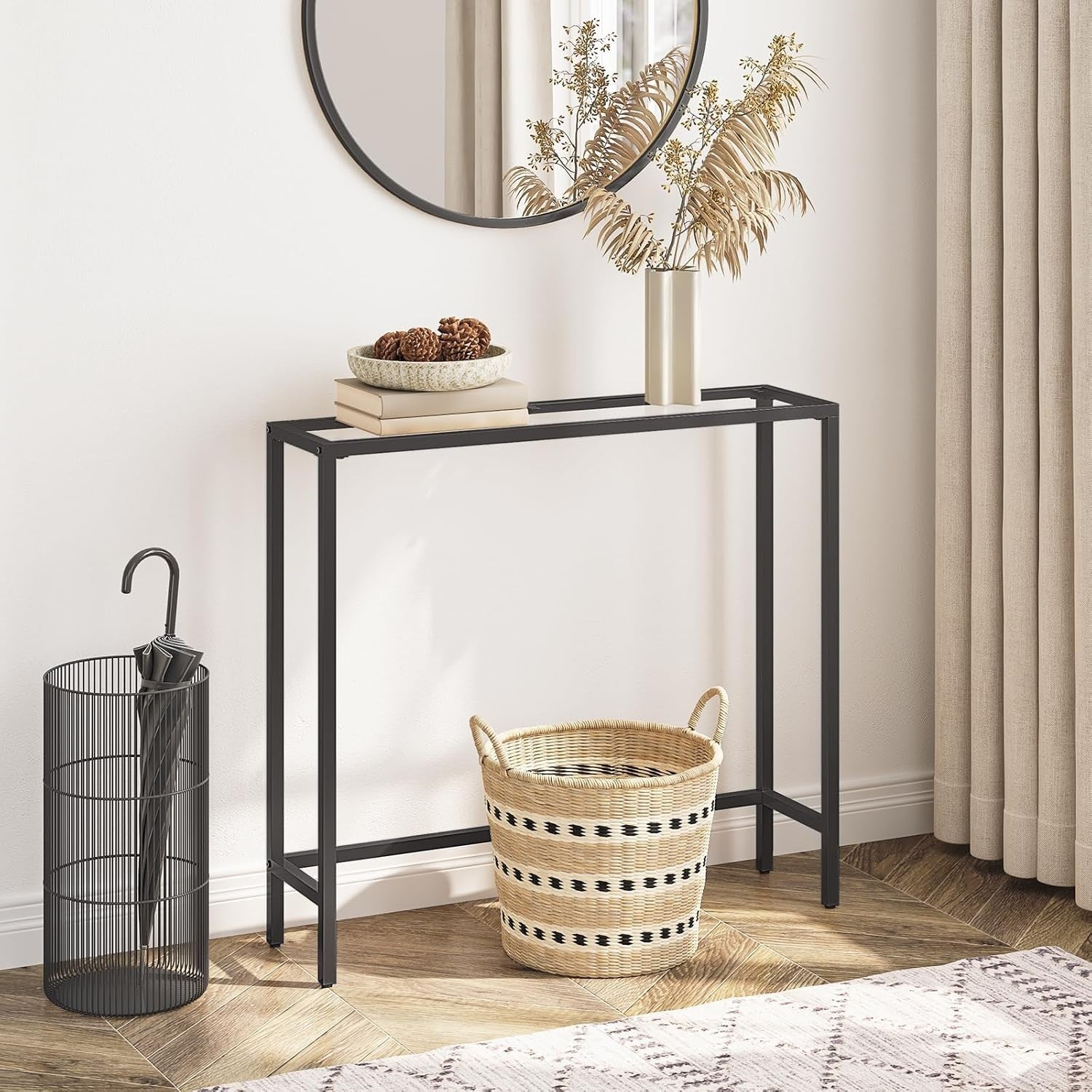 Slim Black Console Table with Glass Top, Modern Metal Frame, 75x22x80cm