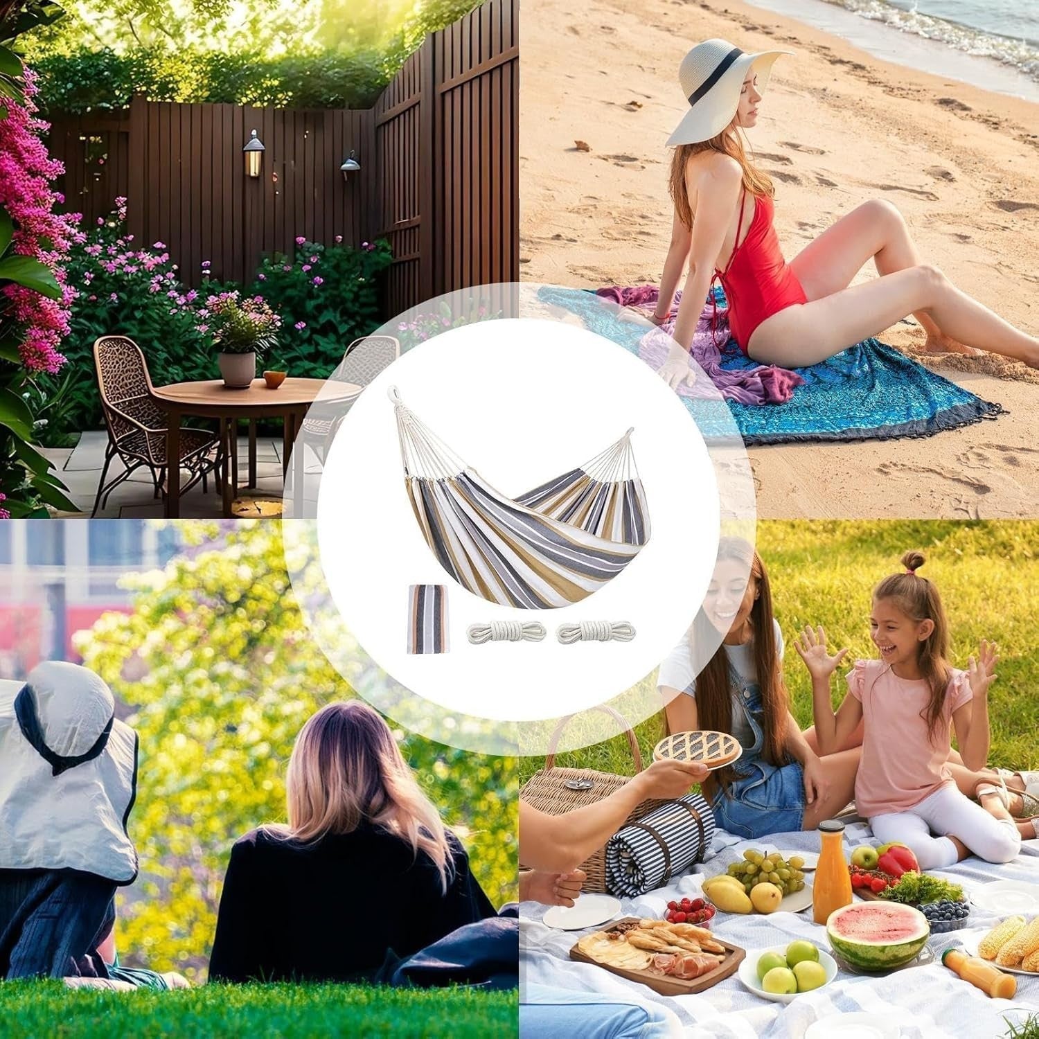 Spacious 2-Person Outdoor Hammock, Thick Striped Cotton-Poly, Garden & Beach