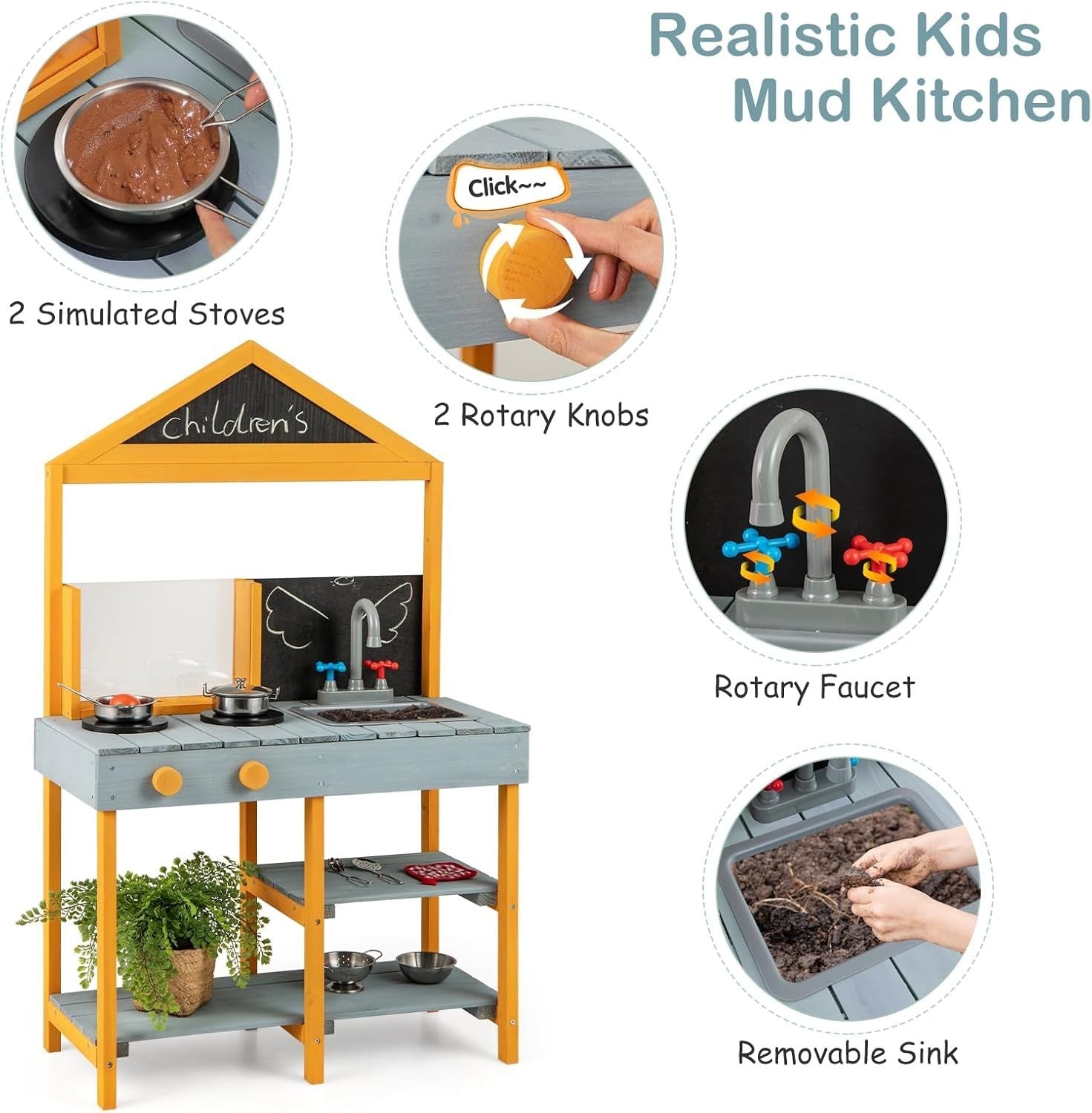 Outdoor Wooden Mud Kitchen Kids Playset Sink Chalkboard Planter Toy
